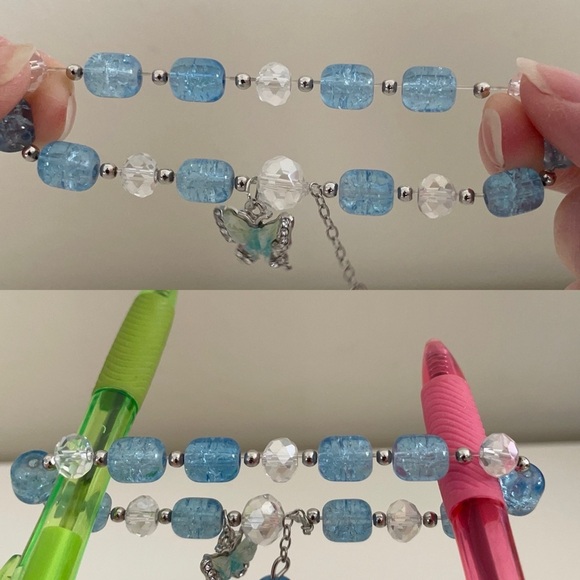 Blue and Clear Beaded Stretch Small Bracelet with Butterfly Charm - Picture 10 of 17